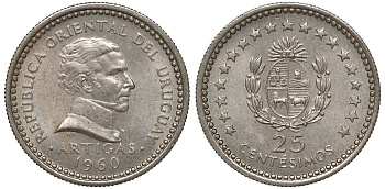 Уругвай 25 сентесимо 1960 KM 40 медно-никель 4169-1014