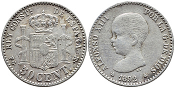 ИСПАНИЯ 50 СЕНТИМО 1892 (92) PG-M, АЛЬФОНСО XIII KM 690 серебро 443-534