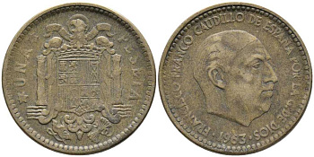 Испания 1 песета 1963 (63) Франсиско Франко (1939-1975) KM 775 алюминиевая бронза 110-1157