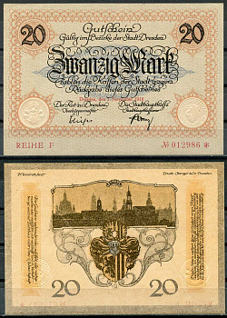 Германия, Дрезден 20 марок 1918 нотгельд, 1.11.1918, reihe F Geiger 108.05  бумага  UNC (пресс) 444-79-1-2