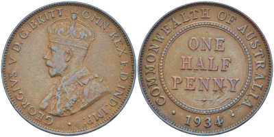 АВСТРАЛИЯ 1/2 ПЕННИ 1934 m, Георг V (1910-1936) KM 22 бронза 4514-622