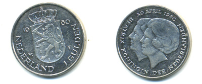 Нидерланды 1 гульден 1980 на коронацию Беатрикс, 30 апреля 1980 KM 200 никель 83-825