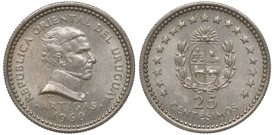 Уругвай 25 сентесимо 1960 KM 40 медно-никель 4169-1014