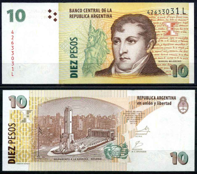 Аргентина 10 песо 2003 серия L, Мануэль Бельграно (1770-1820) Pick 354 бумага UNC (пресс)   447-9-3