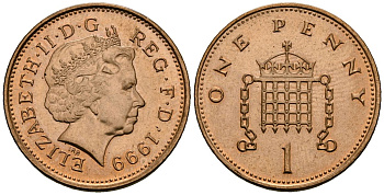 Великобритания 1 пенни 1999 Елизавета II (1952-2022) KM 986, Spink 4710 (B5) сталь плакированная медью 4176-634