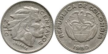 Колумбия 10 сентаво 1959 индеец Каларка KM 212.2 медно-никель 4392-1262