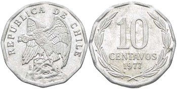 Чили 10 сентаво 1977 KM 205a алюминий 4402-354