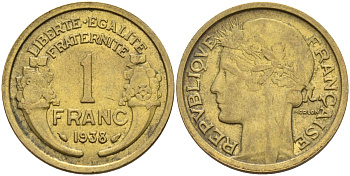 Франция 1 франк 1938 KM 885, Le Franc 219.2 алюминиевая бронза 4142-845