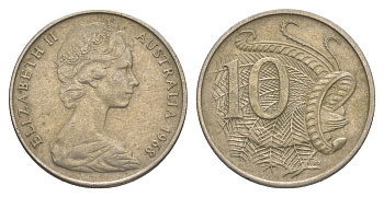 Австралия 10 центов 1968 Елизавета II (1952-2022), птица лирахвост KM 65 медно-никель 4364-3556