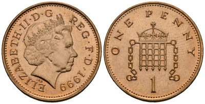 Великобритания 1 пенни 1999 Елизавета II (1952-2022) KM 986, Spink 4710 (B5) сталь плакированная медью 4176-634
