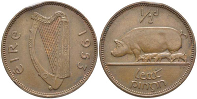 ИРЛАНДИЯ 1/2 ПЕННИ 1953 СВИНЬЯ С ПОРОСЯТАМИ KM 10 бронза 113-343