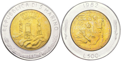 Сан-Марино 500 лир 1982 социальные достижения KM 140 биметалл UNC 4148-754