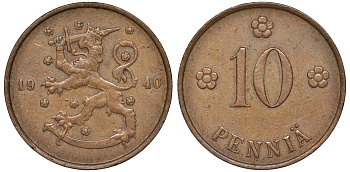 Финляндия 10 пенни 1940 KM 24 медь 51-3214