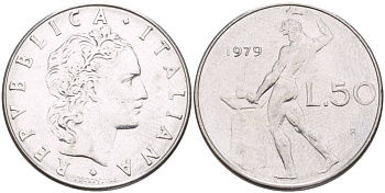 ИТАЛИЯ 50 ЛИР 1979 R, БОГ ОГНЯ ВУЛКАН У НАКОВАЛЬНИ KM 95.1 нержавеющая сталь 4525-954