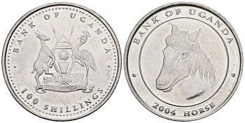 Уганда 100 шиллингов 2004 серия лунный календарь, год лошади KM 137 сталь UNC M57-20