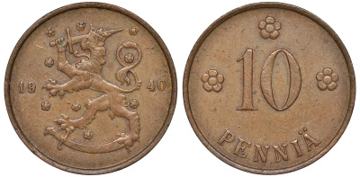 Финляндия 10 пенни 1940 KM 24 медь 51-3214