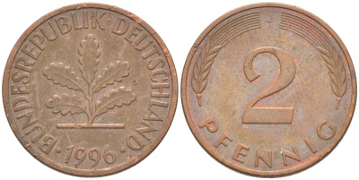 ФРГ 2 ПФЕННИГА 1996 J KM 106a, J.381a сталь плакированная сталь плакированная медьюю 3457-1221