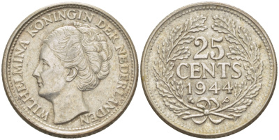 Нидерланды 25 центов 1944 Вильгельмина (1890-1948) KM 164 серебро aUNC 66-1155
