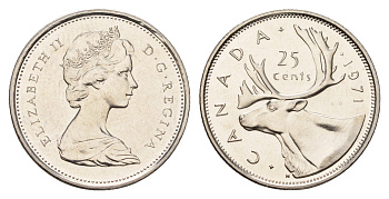 Канада 25 центов 1971 Елизавета II (1952-2022), олень KM 62b никель PROOF-LIKE (BU) 633-923