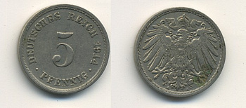 ГЕРМАНИЯ 5 ПФЕННИГОВ 1914 A, KM 11, J. 12 медно-никель 54-663
