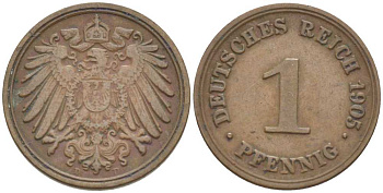 ГЕРМАНИЯ 1 ПФЕННИГ 1905 D KM 10, J. 10, Weege 2 медь 211-331