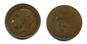 Великобритания 1 пенни 1919 Георг V (1910-1936) КМ 810, Spink 4051 бронза 47-224