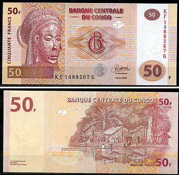ДР Конго 50 франков 2022 маска Мвана Пво, рыбацкая деревня, Oberthur Fiduciaire, France Pick 97B  бумага  UNC (пресс) 449-76-3