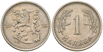 Финляндия 1 марка 1938 S KM 30 медно-никель 4173-657