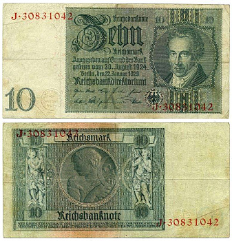 Германия 10 рейхсмарок 1929 Альбрехт Д. Тэер, буква K, серия J Pick 180a, Ros. 173е  бумага 6281-7-1-2