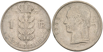 Бельгия 1 франк 1965 BELGIQUE KM 142.1 медно-никель 4592-523