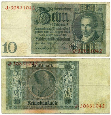 Германия 10 рейхсмарок 1929 Альбрехт Д. Тэер, буква K, серия J Pick 180a, Ros. 173е  бумага 6281-7-1-2