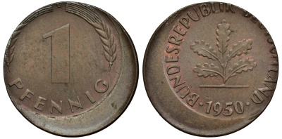 ФРГ 1 ПФЕННИГ 1950 БРАК ЧЕКАНКИ СДВИГ ШТЕМПЕЛЯ KM 105, J.380 сталь плакированная медью 413-5145