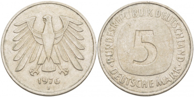 ФРГ 5 МАРОК 1976 J, KM 140.1, J. 415 медно-никель плакированный никелем 59-541