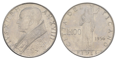 Ватикан 100 лир 1956 Пий XII (1939-1958) KM 55 нержавеющая сталь UNC 4652-825