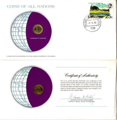 Лесото 1 сенте 1979 конверт с маркой первого дня гашения, Coins of Nations KM 16 никель латунь UNC 4295-5-3