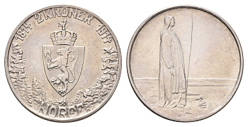 Норвегия 2 кроны 1914 100 лет Конституции Норвегии KM 377 серебро 1519-1241