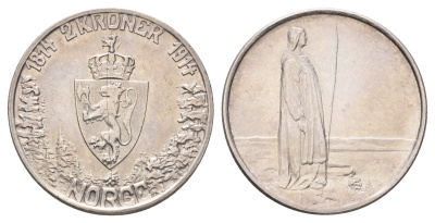 Норвегия 2 кроны 1914 100 лет Конституции Норвегии KM 377 серебро 1519-1241