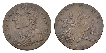 Великобритания, Мидлсекс 1 фартинг 1793 Исаак Ньютон, токен Dalton & Hamer 1151, Atkins 220 медь 3711-135