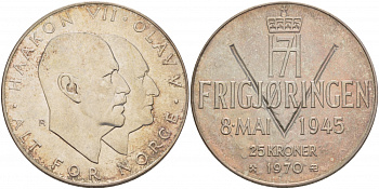 Норвегия 25 крон 1970 25 лет освобождения от фашизма KM 414 серебро UNC 1074-6-11