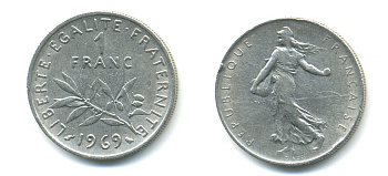 ФРАНЦИЯ 1 ФРАНК 1969 СЕЯТЕЛЬ KM 925.1 никель 57-151