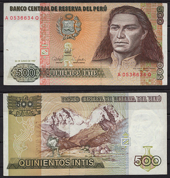 Перу 500 инти 1987 Тупак Амару II, гора Уаскаран Pick 134 b бумага 8518-51-2-2