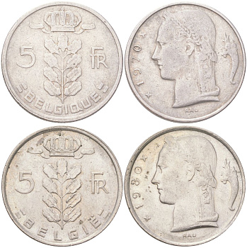 Бельгия набор из 2 монет разных типажей (5 франков) 1970 и 1980 Belgique и Belgie, Бодуэн I (1951-1993) KM 134 и 135 медно-никель 4143-513-514