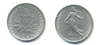 ФРАНЦИЯ 1 ФРАНК 1969 СЕЯТЕЛЬ KM 925.1 никель 57-151
