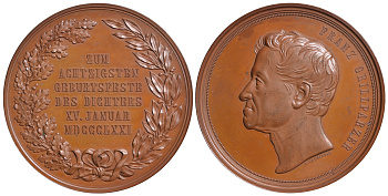 Австрия медаль 1871 80 лет драматургу Францу Грильпарцеру, 69 мм, 107,5 гр Wurzbach 3386 бронза UNC 11-013-23-2