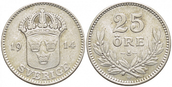 Швеция 25 эре 1914 W, Густав V (1907-1950) KM 785 серебро 112-1139