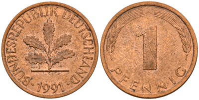 ФРГ 1 пфенниг 1991 A KM 105, J. 380 сталь плакированная медью    4598-663