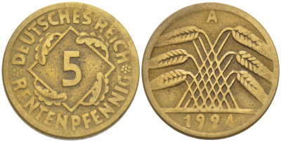 ГЕРМАНИЯ 5 РЕЙХСПФЕННИГОВ 1924 A, KM 39, J. 316 алюминиевая бронза 4396-1625