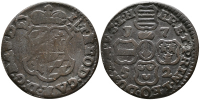 АВСТРИЙСКИЕ НИДЕРЛАНДЫ, ЛЬЕЖ 1 ЛИАРД 1752 ИОГАНН ТЕОДОР БАВАРСКИЙ (1744-1763) KM 155 медь 28-957