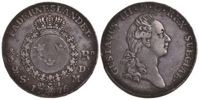 Швеция 2/3 риксдалера 1776 OL, Густав III (1771-1792), редкий год KM 517 (356) серебро 00-816-55