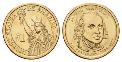 США 1 доллар 2007 P, серия президенты США, Джеймс Мэдисон (1809-1817) KM 404 медь с марганцево-латунным покрытием UNC 4700-1024